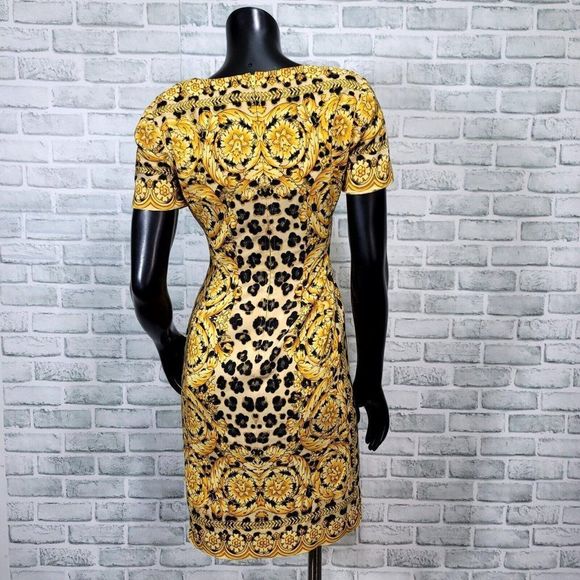Vintage 90s Bloomingdales Womens 4P Silk Leopard Gold Filigree Mini Sheath Dress - Picture 6 of 7